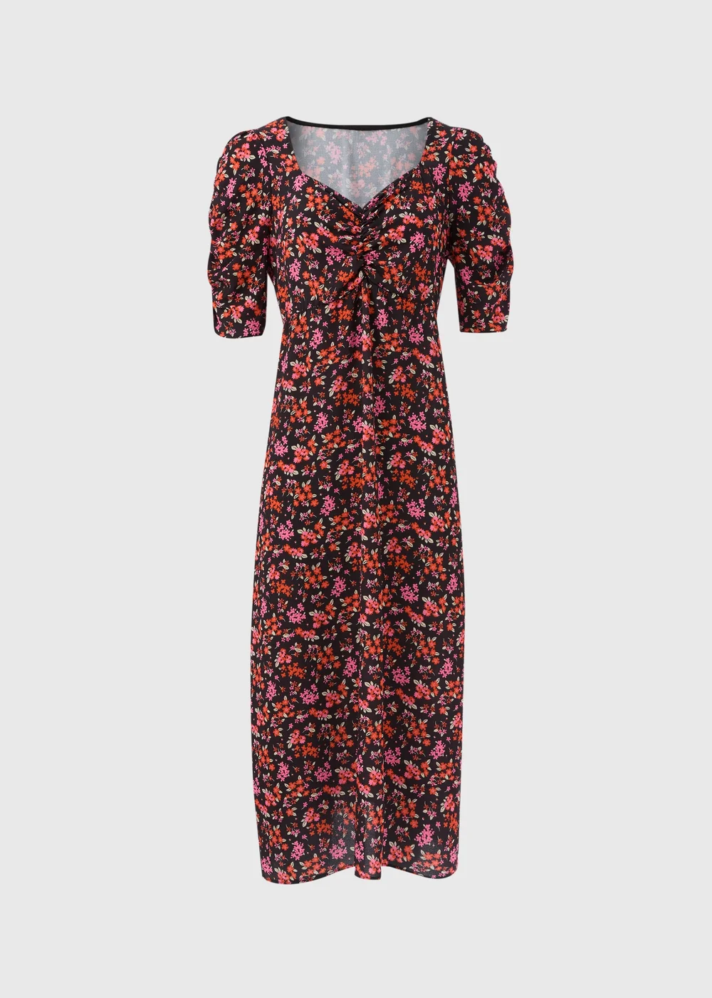 Black Floral Print Ruched Midi Dress - 8 Image 5