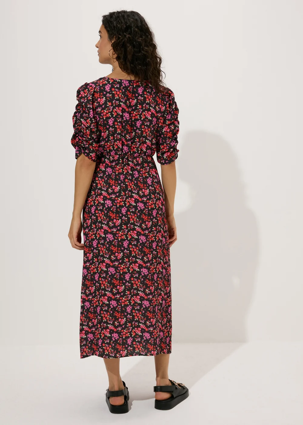 Black Floral Print Ruched Midi Dress - 8 Image 2