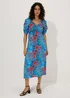 Blue Floral Print Ruched Midi Dress - Size 8 Image 1