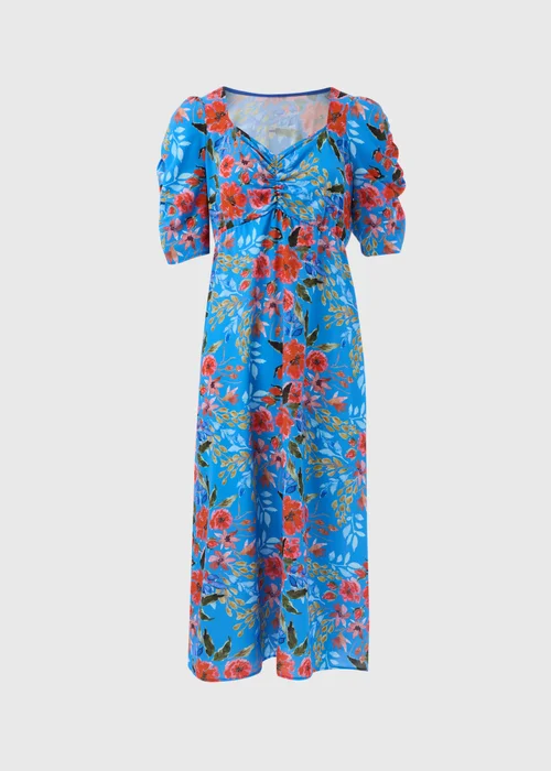 Blue Floral Print Ruched Midi Dress - Size 8 Image 5