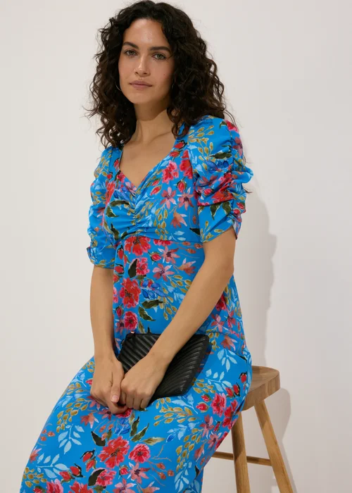 Blue Floral Print Ruched Midi Dress - Size 8 Image 3
