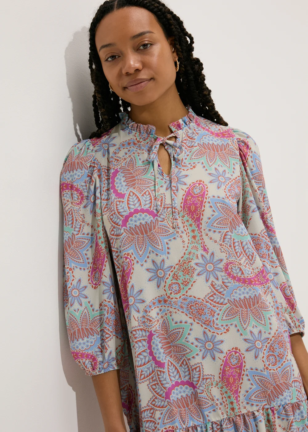 Multicolour Paisley Tie Neck Mini Dress - 8 Image 3