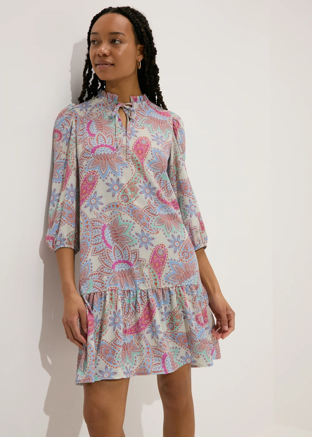 Multicolour Paisley Tie Neck Mini Dress - 8 Image 1