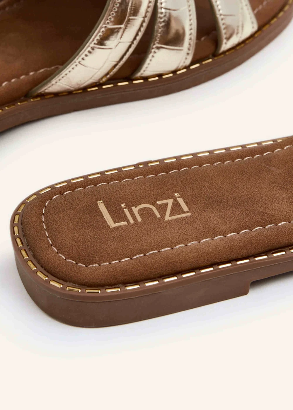 Linzi Maya Gold Faux Croc Patent Linked Slider Sandal - 3 Image 5
