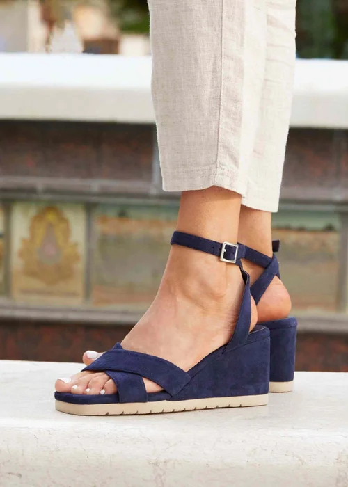 Linzi Imogen Navy Faux Suede Covered Crossover Wedge - 3 Image 1