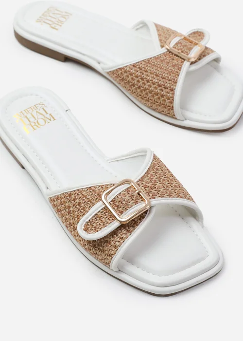 Where's That From Vermont White Pu Front Buckle Raffia Sliders - 3 Image 1