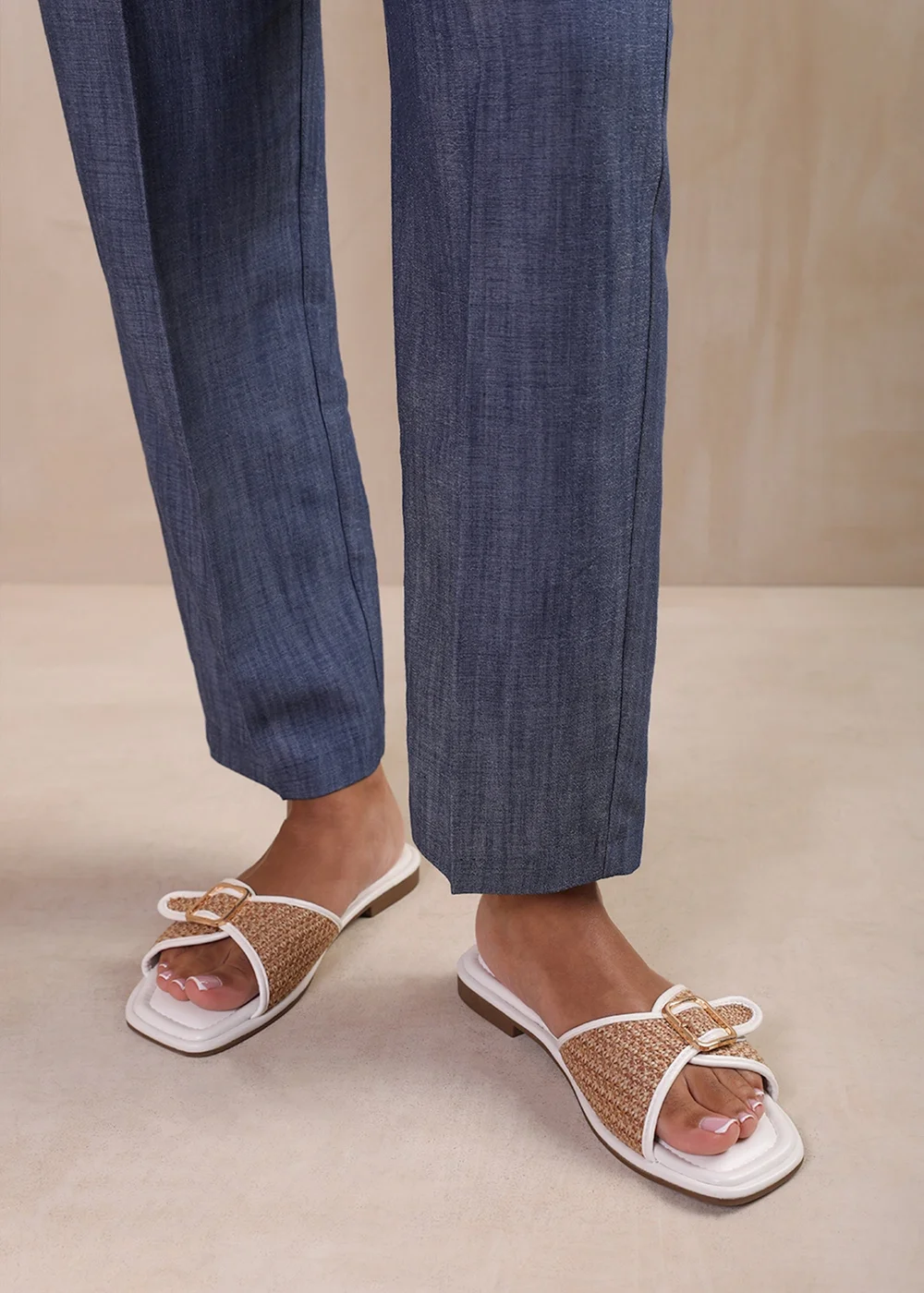 Where's That From Vermont White Pu Front Buckle Raffia Sliders - 3 Image 3