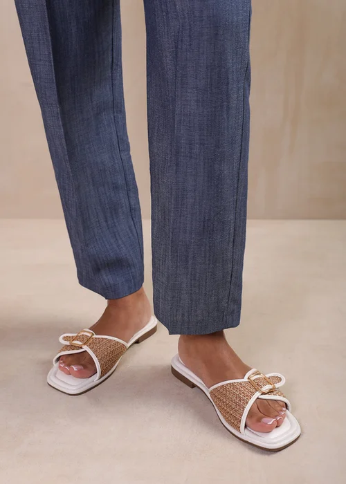 Where's That From Vermont White Pu Front Buckle Raffia Sliders - 3 Image 3