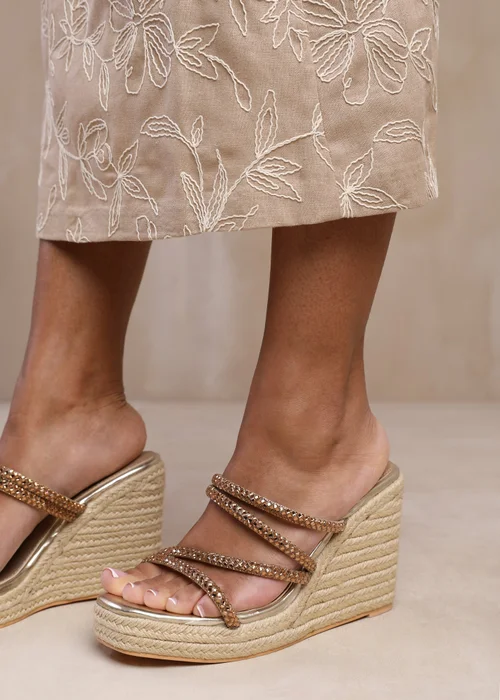 Where's That From Ohio Gold Metallic Multi Strap Espadrille Wedges - 3 Image 1