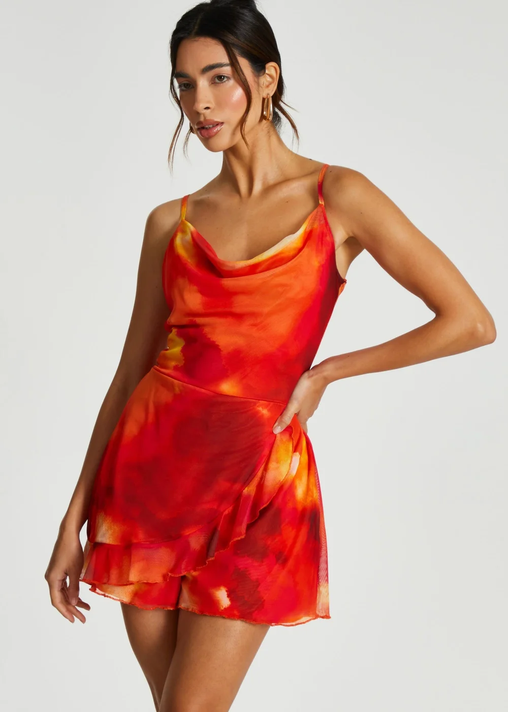 Quiz Orange Abstract Print Cowl Neck Mesh Playsuit - Size 6 Image 1
