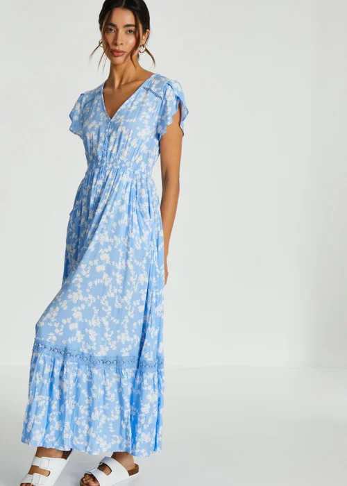 Quiz Blue Ditsy Floral Crochet Trim Maxi Dress - 8 Image 3