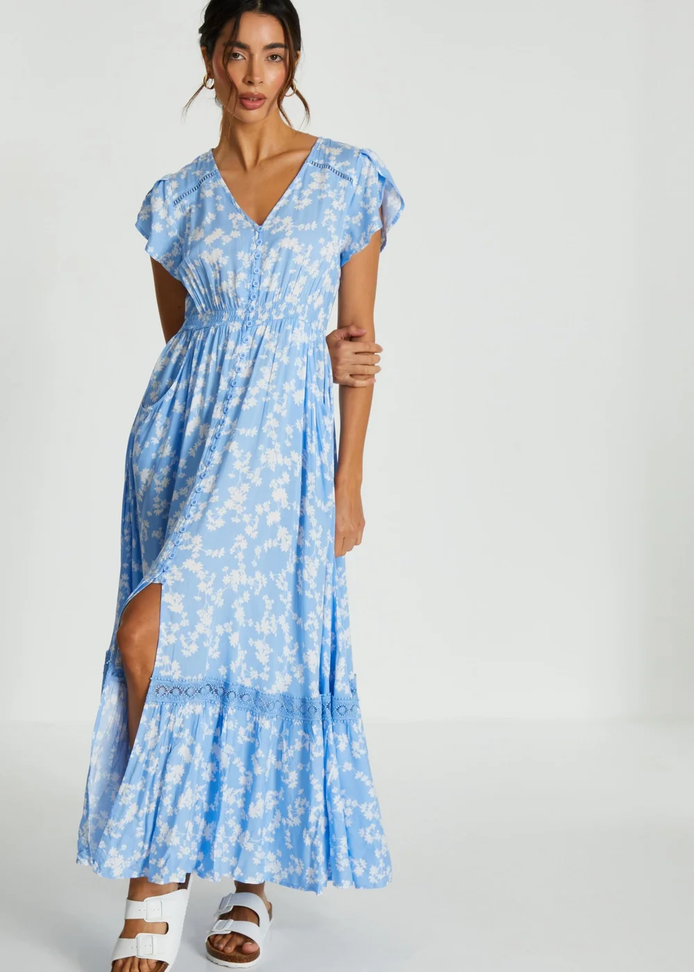 Quiz Blue Ditsy Floral Crochet Trim Maxi Dress - 8 Image 1