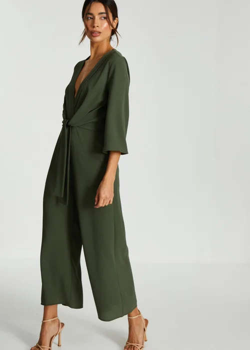 Quiz Khaki Wrap Tie Front Culotte Jumpsuit - Size 4 Clothing Image 3