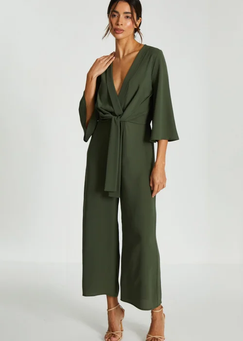 Quiz Khaki Wrap Tie Front Culotte Jumpsuit - Size 4 Clothing Image 1