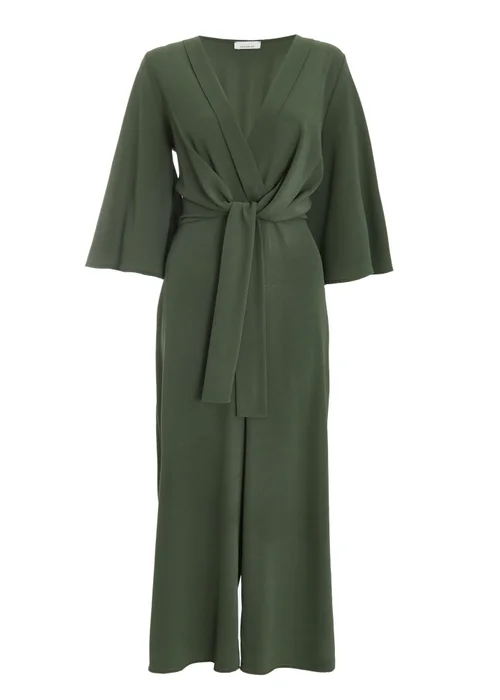 Quiz Khaki Wrap Tie Front Culotte Jumpsuit - Size 4 Clothing Image 4