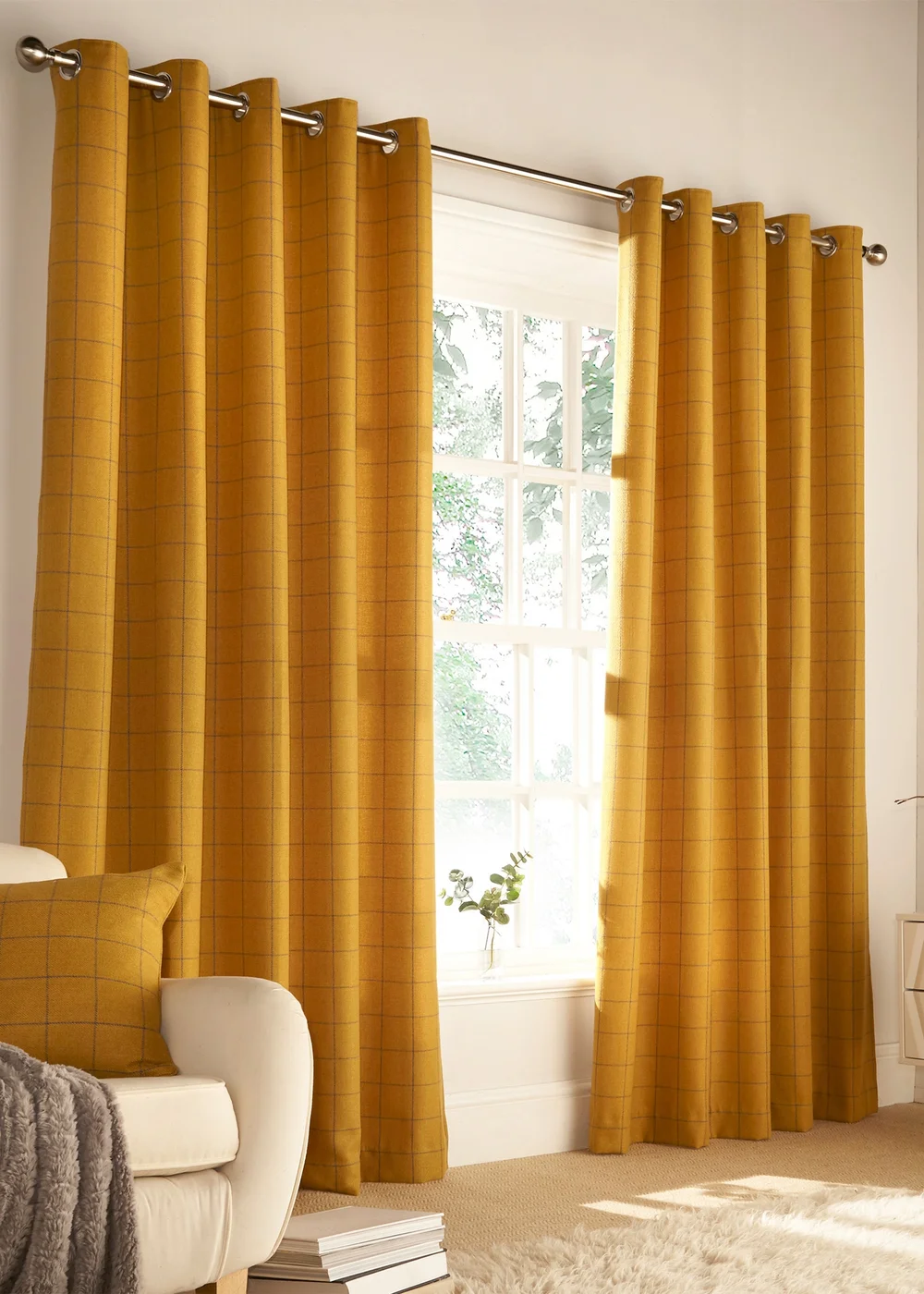 furn. Ellis Windowpane Check Eyelet Curtains - 46W X 54D (117x137cm Image 1