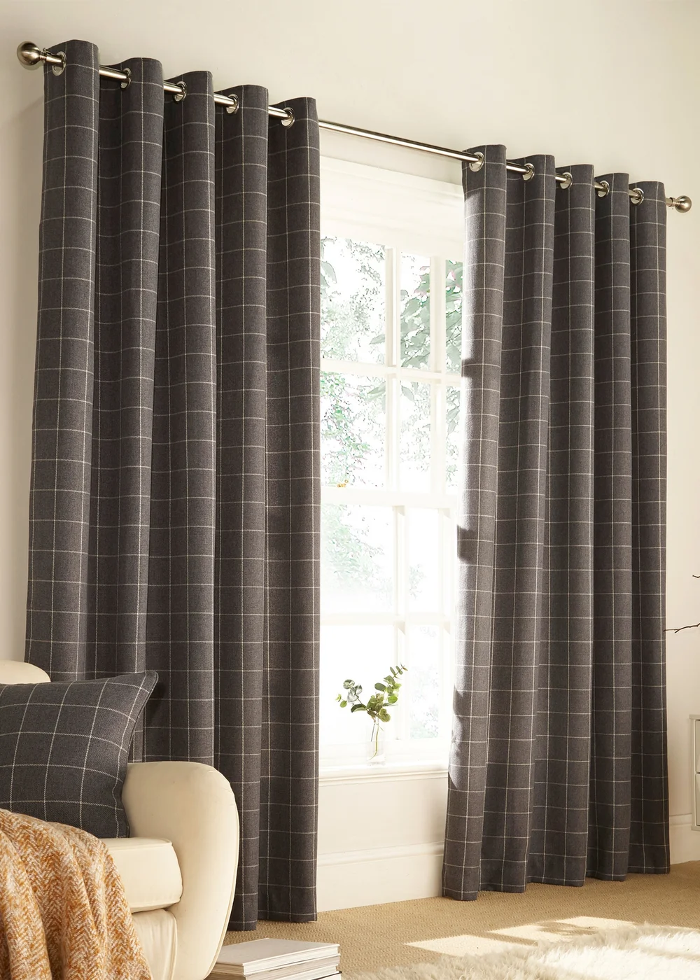 furn. Ellis Windowpane Check Eyelet Curtains - 90W X 90D (228x228cm Image 1