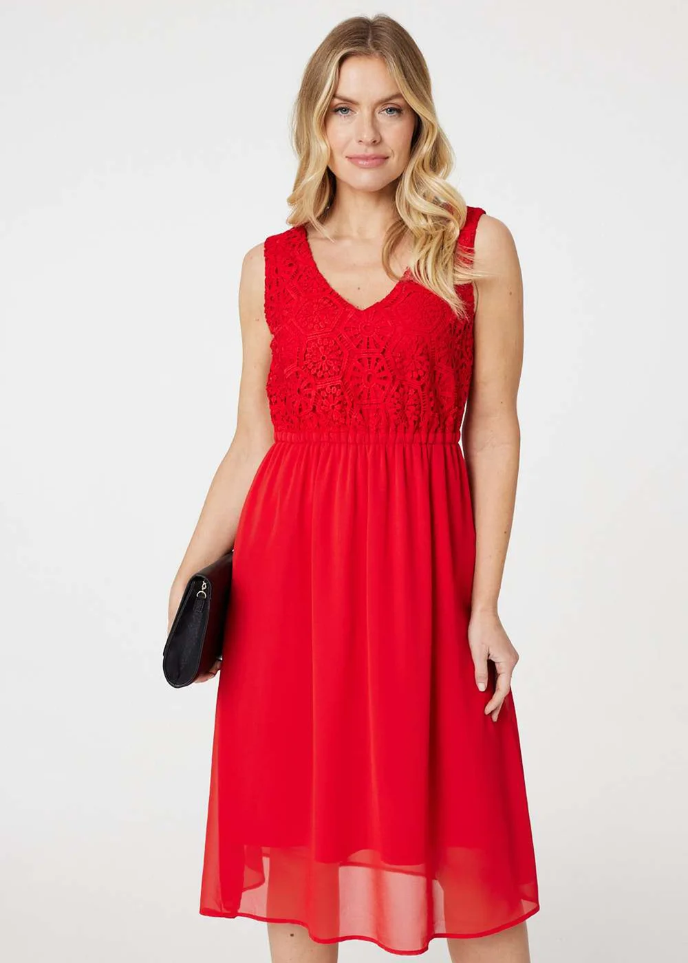 Izabel London Red Crochet Detail Sleeveless Midi Dress - 8 Image 1