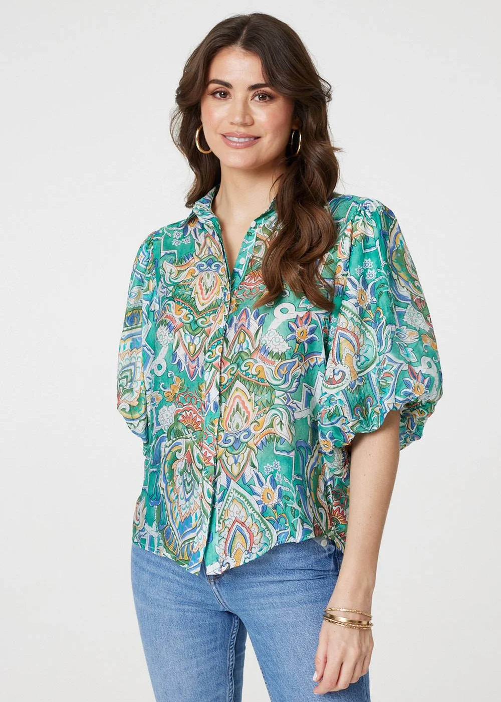 Izabel London Green Printed Puff 1/2 Sleeve Shirt - 8 Image 1