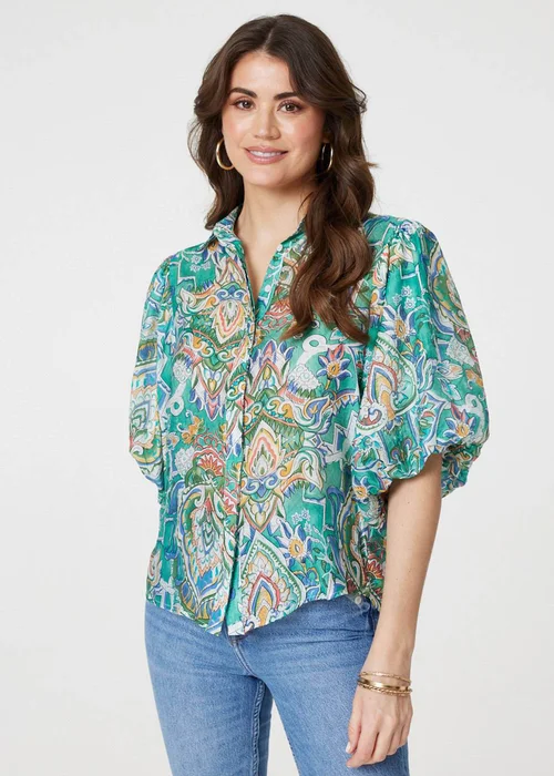 Izabel London Green Printed Puff 1/2 Sleeve Shirt - 8 Image 1