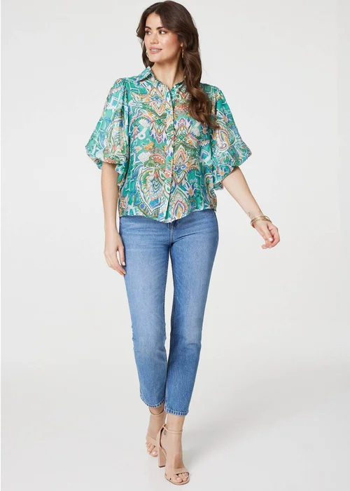 Izabel London Green Printed Puff 1/2 Sleeve Shirt - 8 Image 4