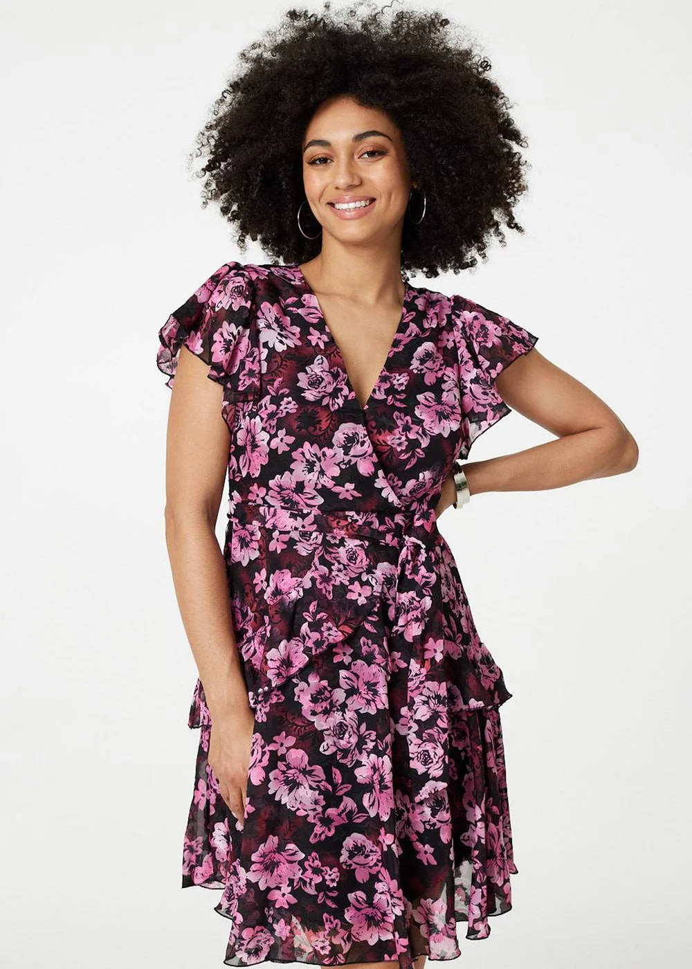 Izabel London Pink Floral Tie-Waist Ruffled Mini Dress - 8 Image 1