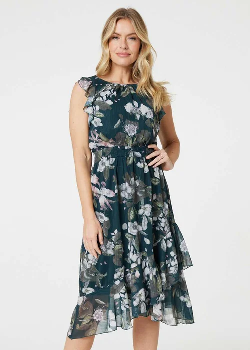 Izabel London Green Floral Frill Shirred Midi Dress - 8 Image 1