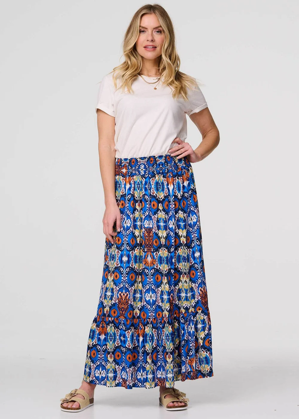 Izabel London Blue Printed Shirred High Waist Maxi Skirt - Size 8 Image 1