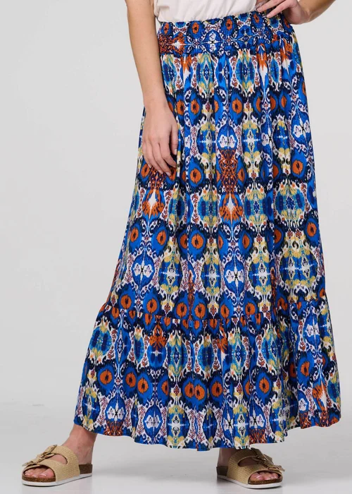 Izabel London Blue Printed Shirred High Waist Maxi Skirt - Size 8 Image 4