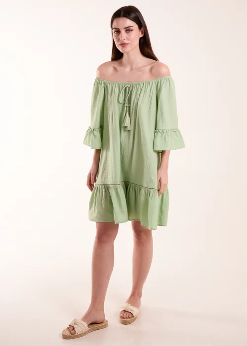 Blue Vanilla Green On Off Shoulder Tunic Dress - S/M Image 4
