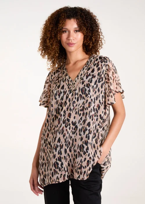 Blue Vanilla Brown V Neck Animal Tunic Top - S Image 1