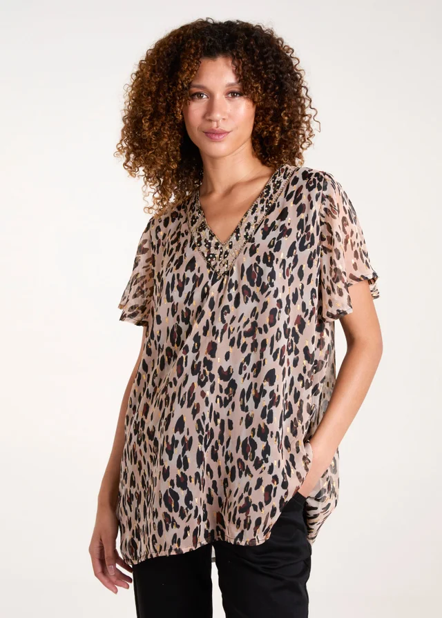 Blue Vanilla Brown V Neck Animal Tunic Top