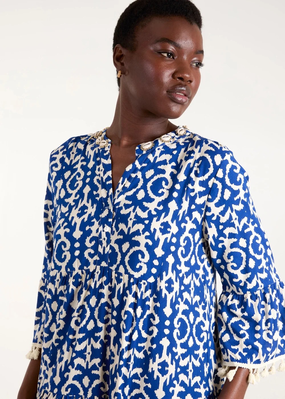 Blue Vanilla Blue Tassel & Shell Neck Smock Dress - S Image 3