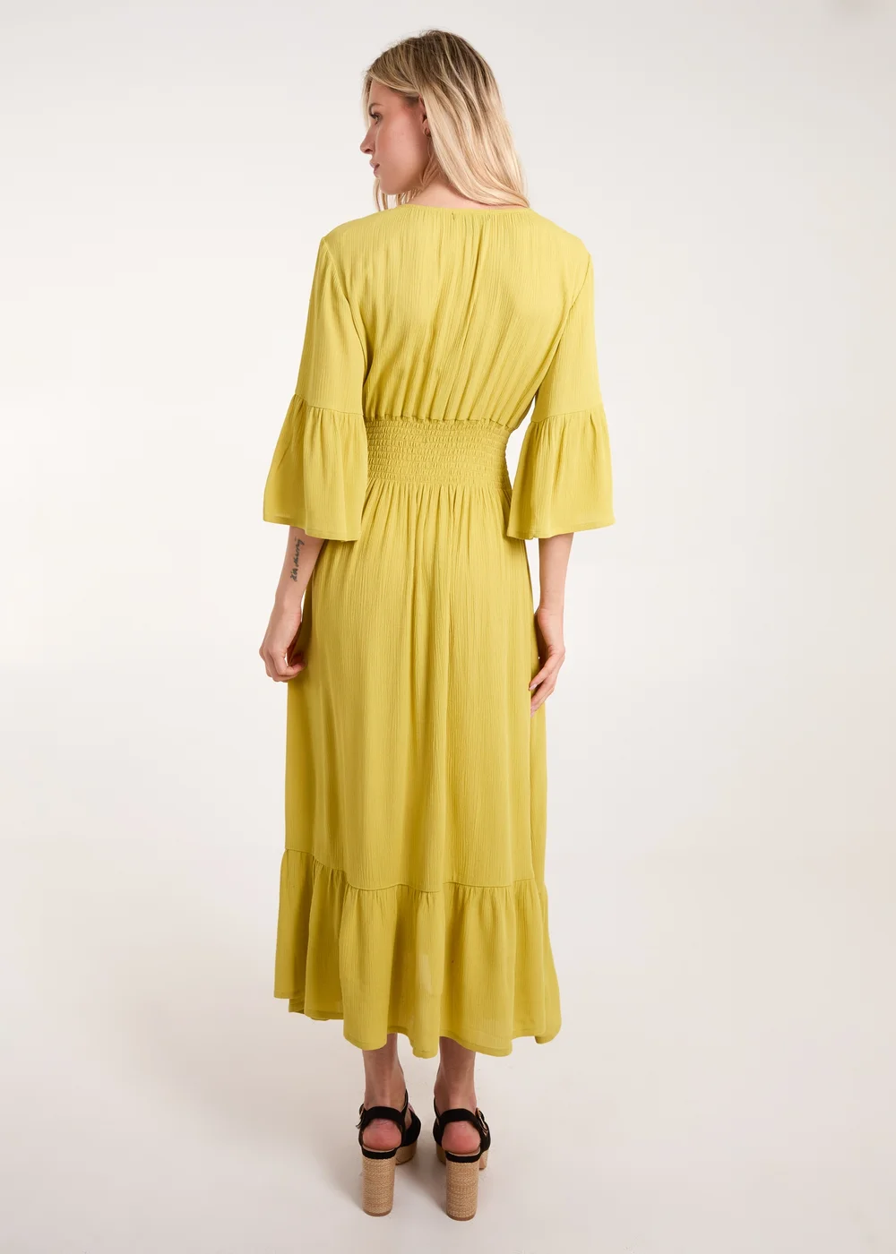 Blue Vanilla Yellow Shirred Empire Bust Dress - S Image 3