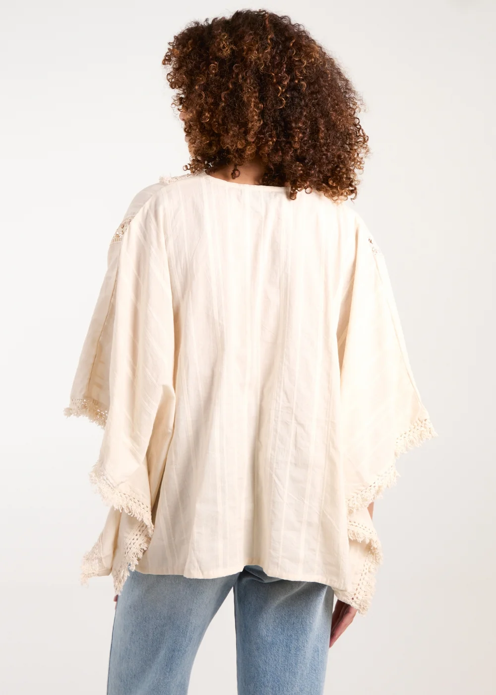 Blue Vanilla Stone V Front Crochet Fringe Kimono Top - One Size Image 2