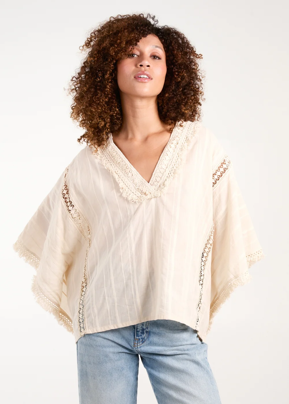 Blue Vanilla Stone V Front Crochet Fringe Kimono Top - One Size Image 1