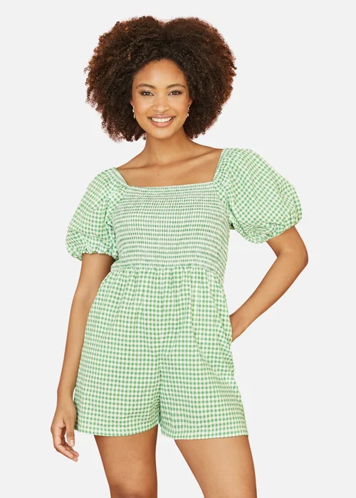 Yumi Green Cotton Gingham Puff Sleeve Playsuit - Size 8 Image 2