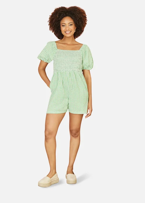 Yumi Green Cotton Gingham Puff Sleeve Playsuit - Size 8 Image 1