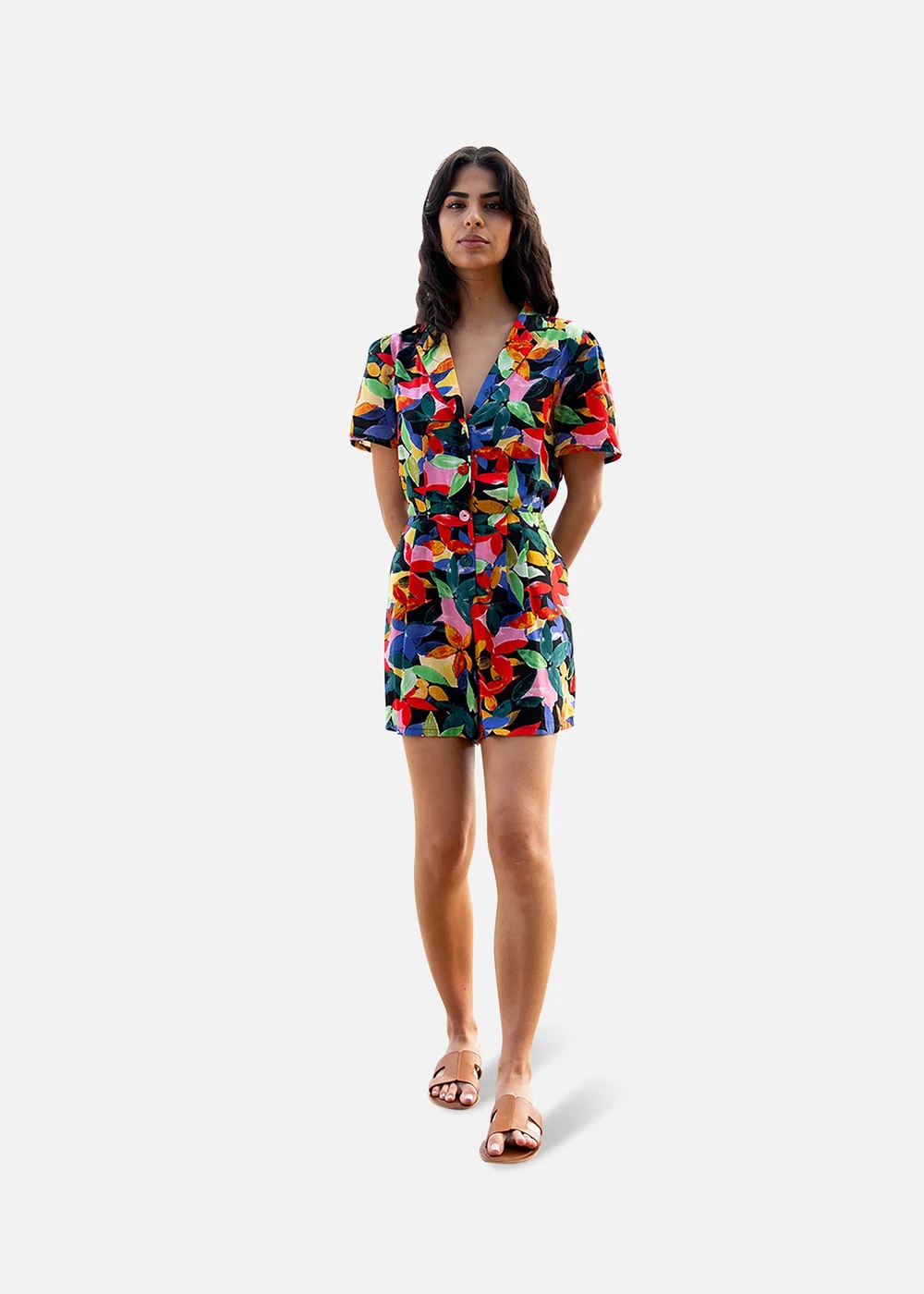 Yumi Multicolour Tropical Leaf Print Playsuit - 8 Image 1