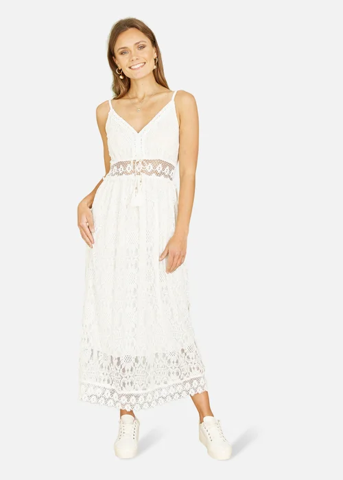 Yumi White Lace Midi Sundress With Tassel Tie and Ruched Back - S Image 1