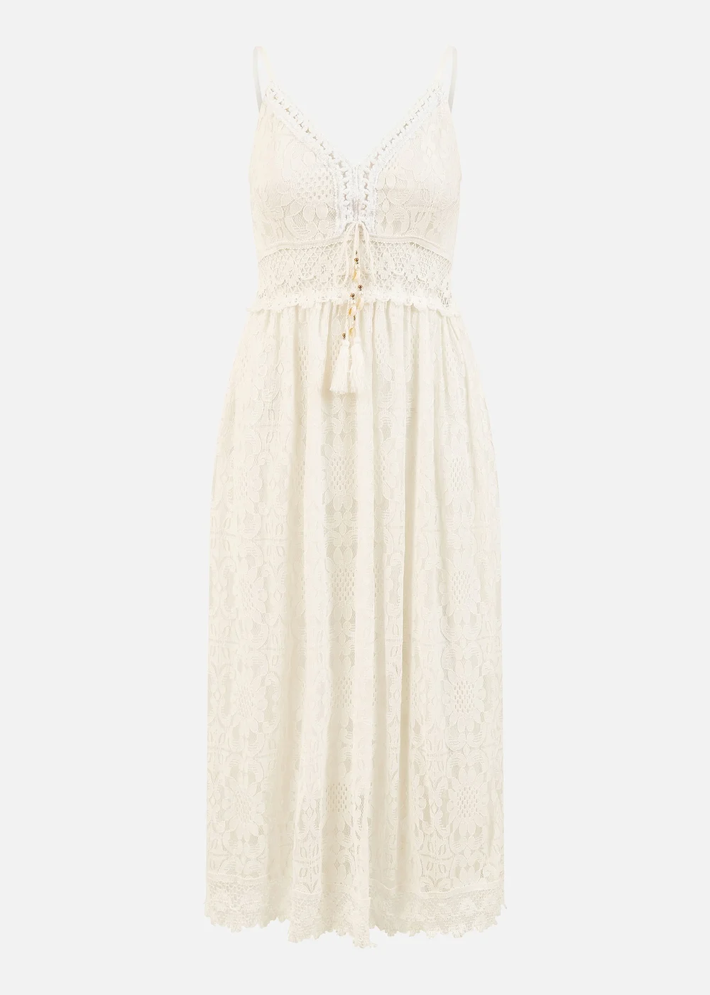 Yumi White Lace Midi Sundress With Tassel Tie and Ruched Back - S Image 3