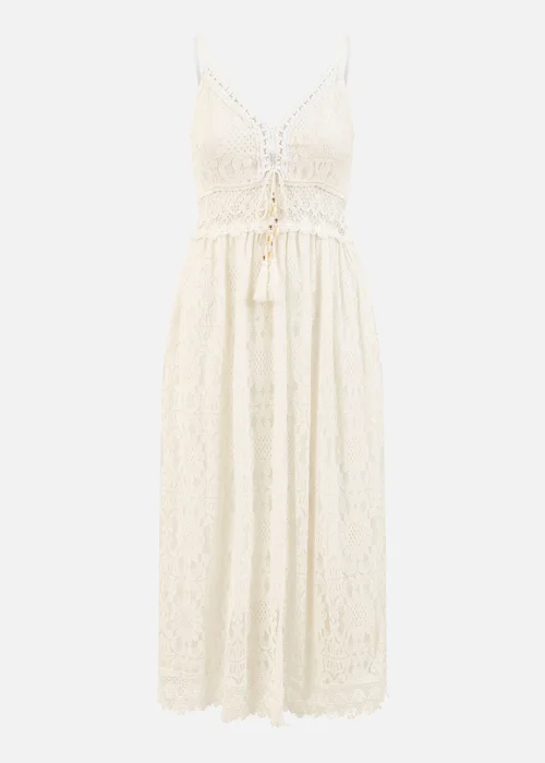 Yumi White Lace Midi Sundress With Tassel Tie and Ruched Back - S Image 3