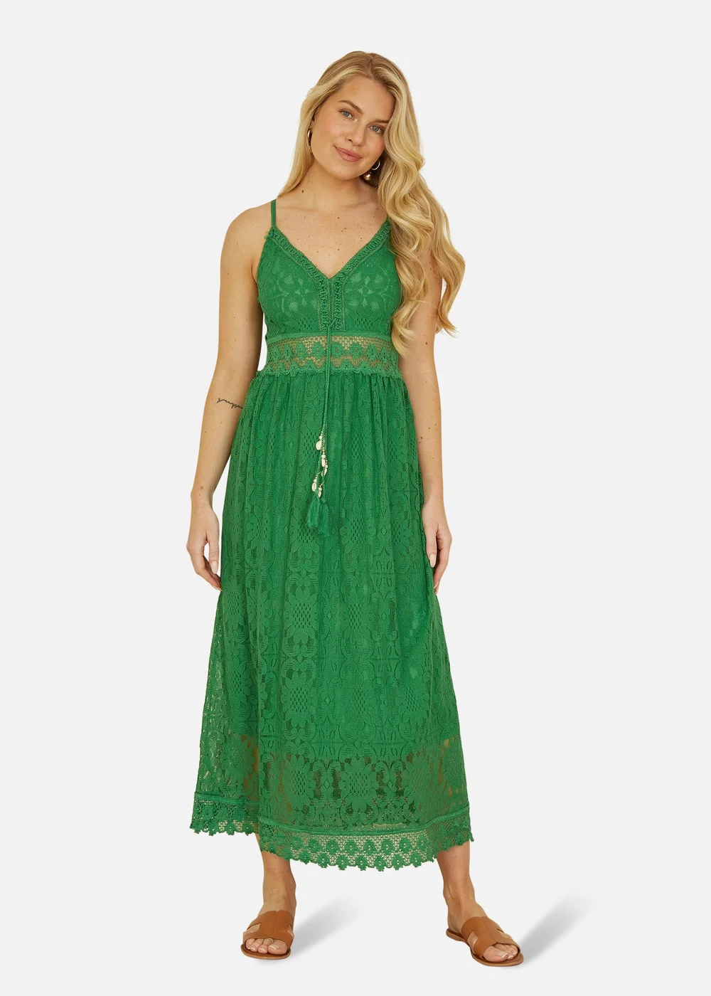 Yumi Green Lace Midi Sundress With Tassel Tie and Ruched Back - S Image 1