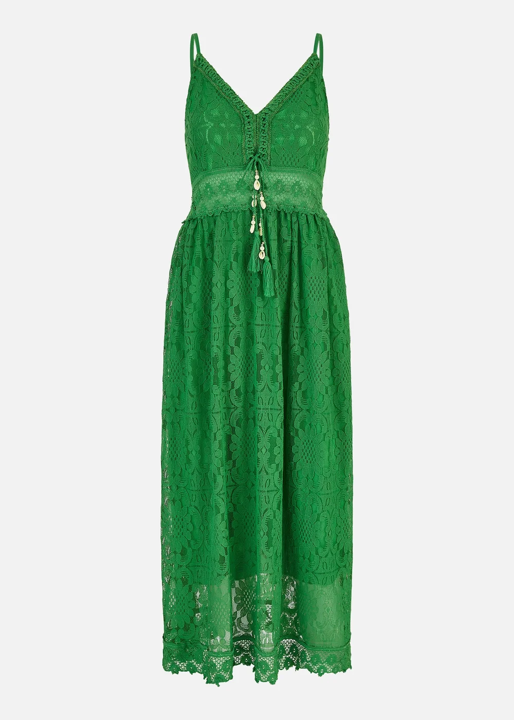 Yumi Green Lace Midi Sundress With Tassel Tie and Ruched Back - S Image 3