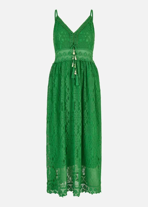 Yumi Green Lace Midi Sundress With Tassel Tie and Ruched Back - S Image 3