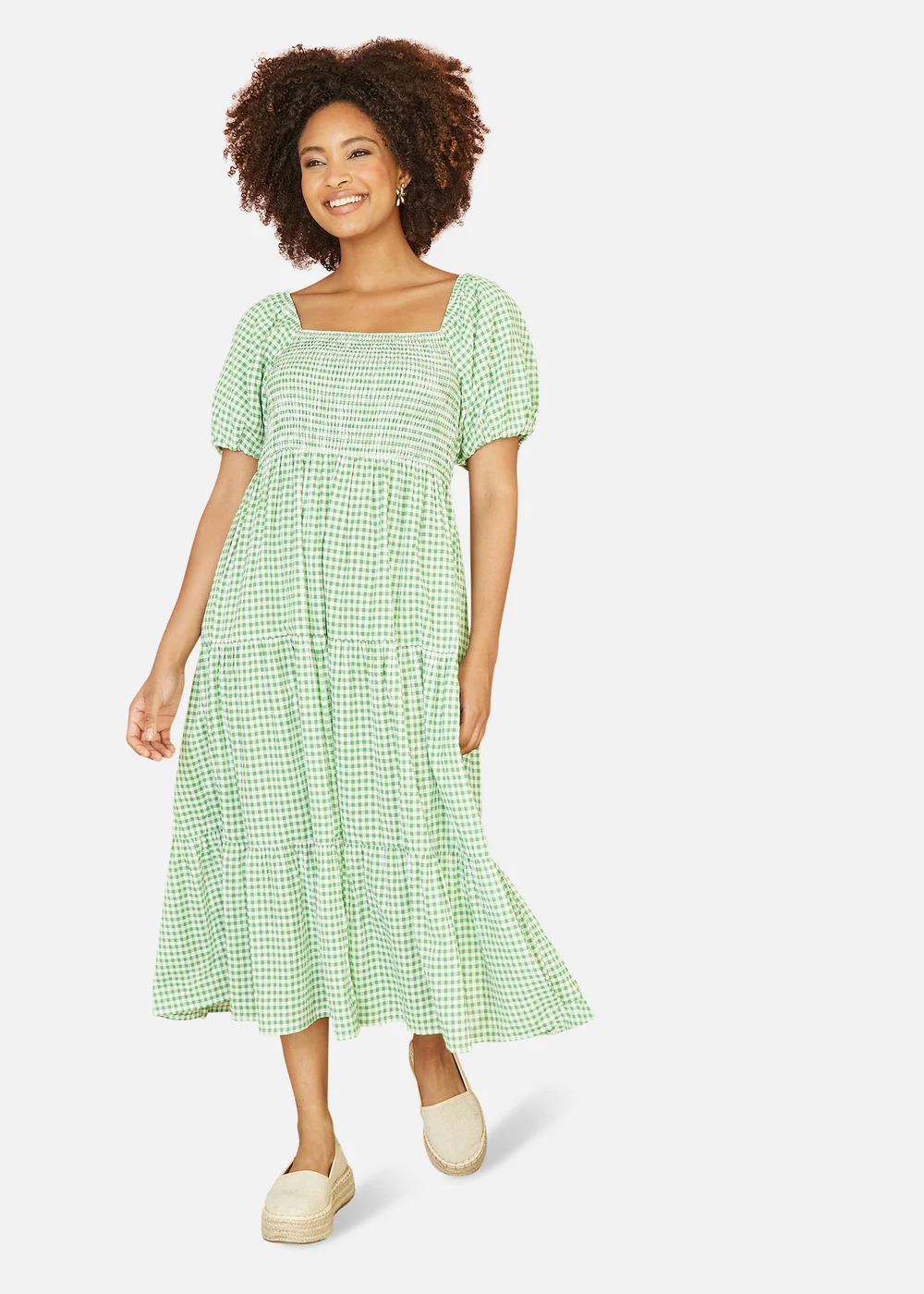 Yumi Green Gingham Smock Puff Sleeve Midi Dress - 10 | Matalan Yumi Green Gingham Smock Puff Sleeve Midi Dress - 10 | Matalan