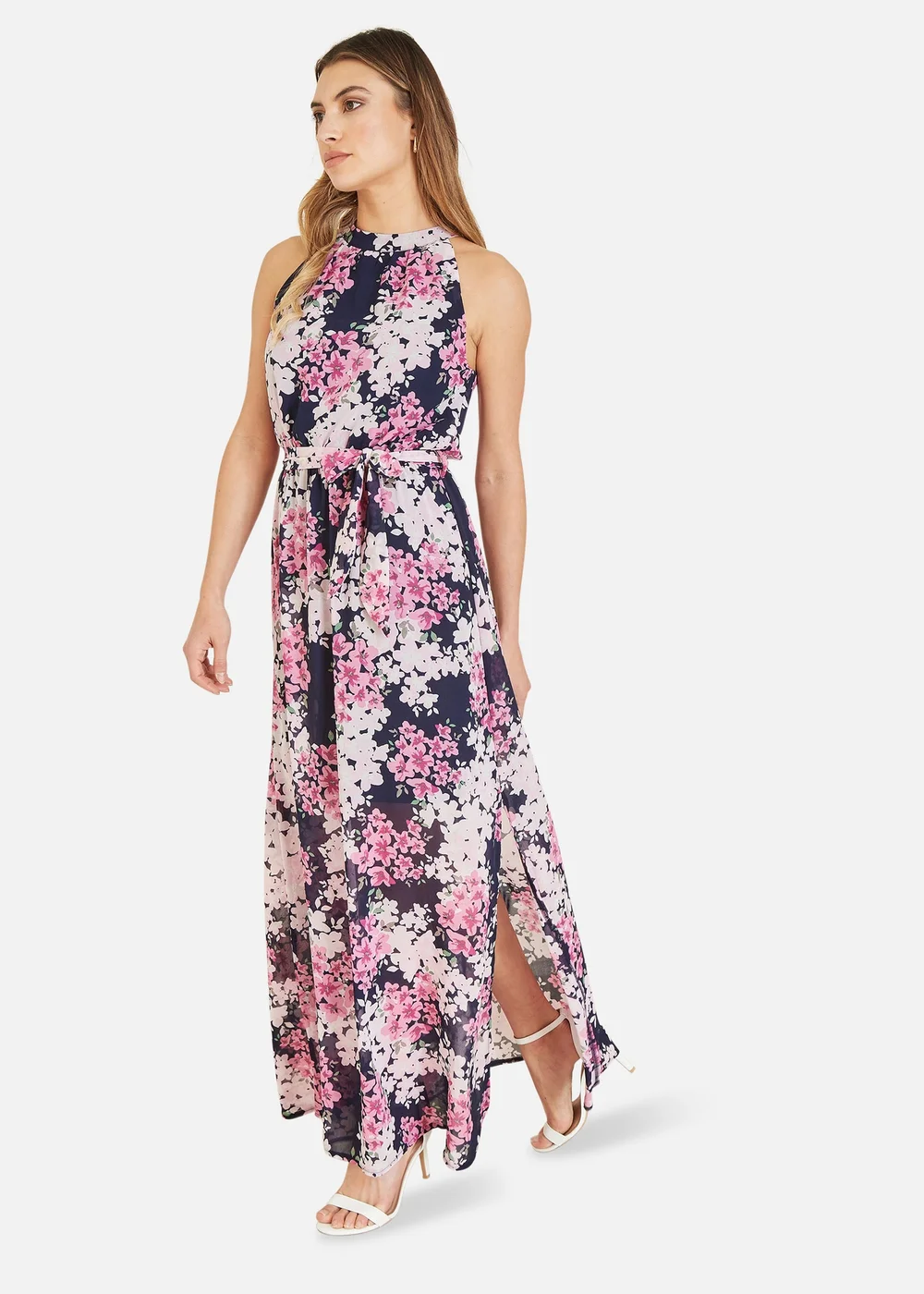 Mela Navy Blossom Halter Neck Maxi Dress With Side Split - 8 Image 1