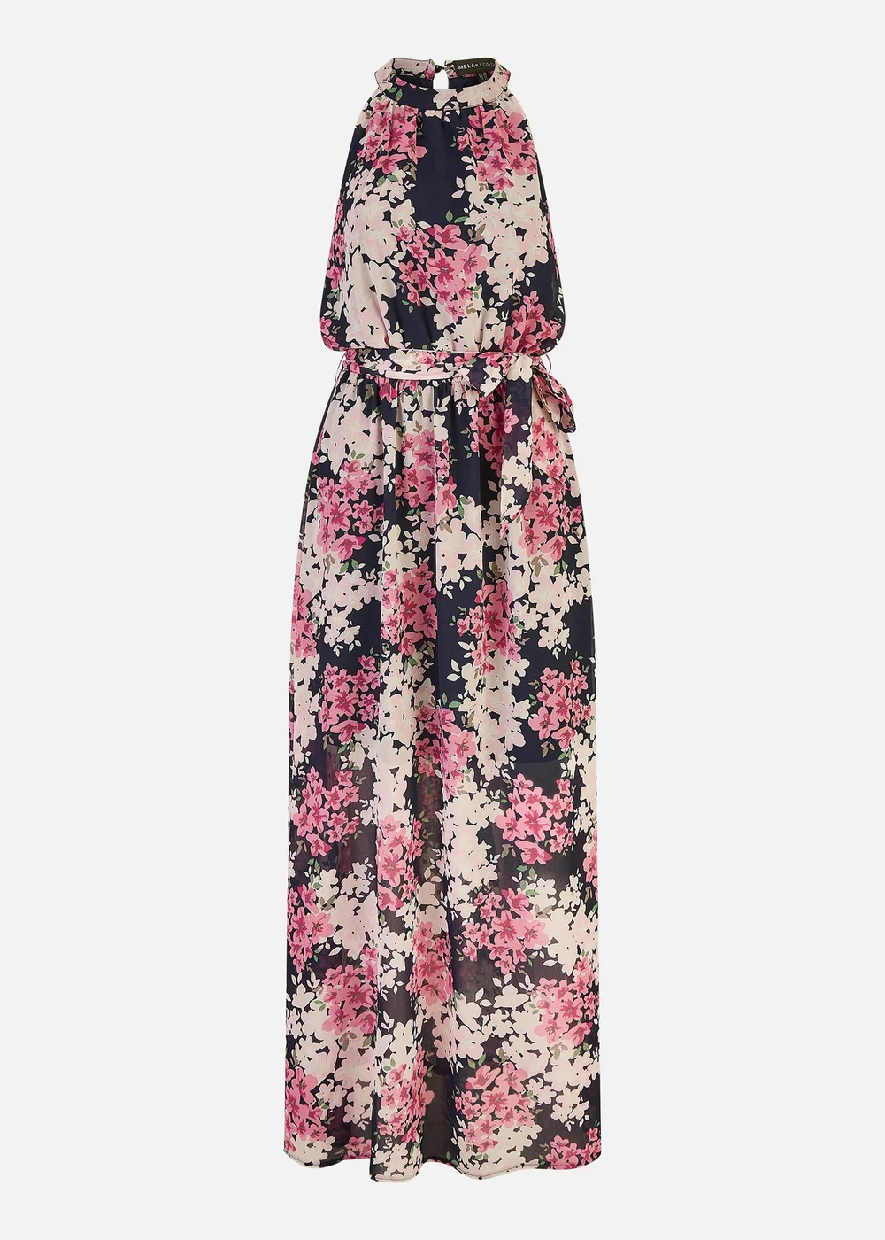 Mela Navy Blossom Halter Neck Maxi Dress With Side Split - 8 Image 3