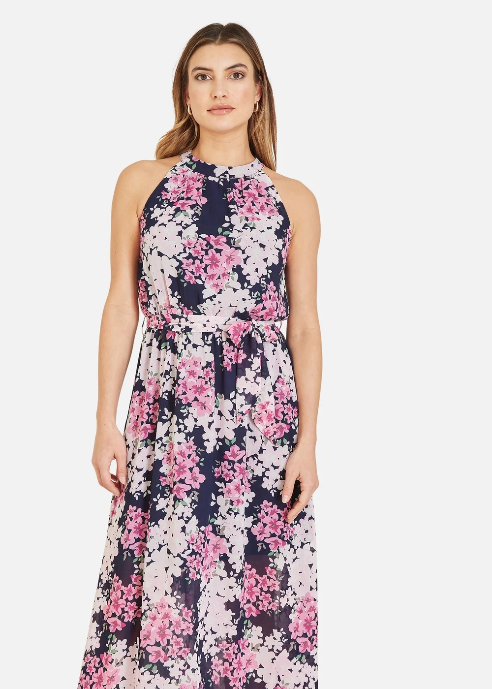 Mela Navy Blossom Halter Neck Maxi Dress With Side Split - 8 Image 2