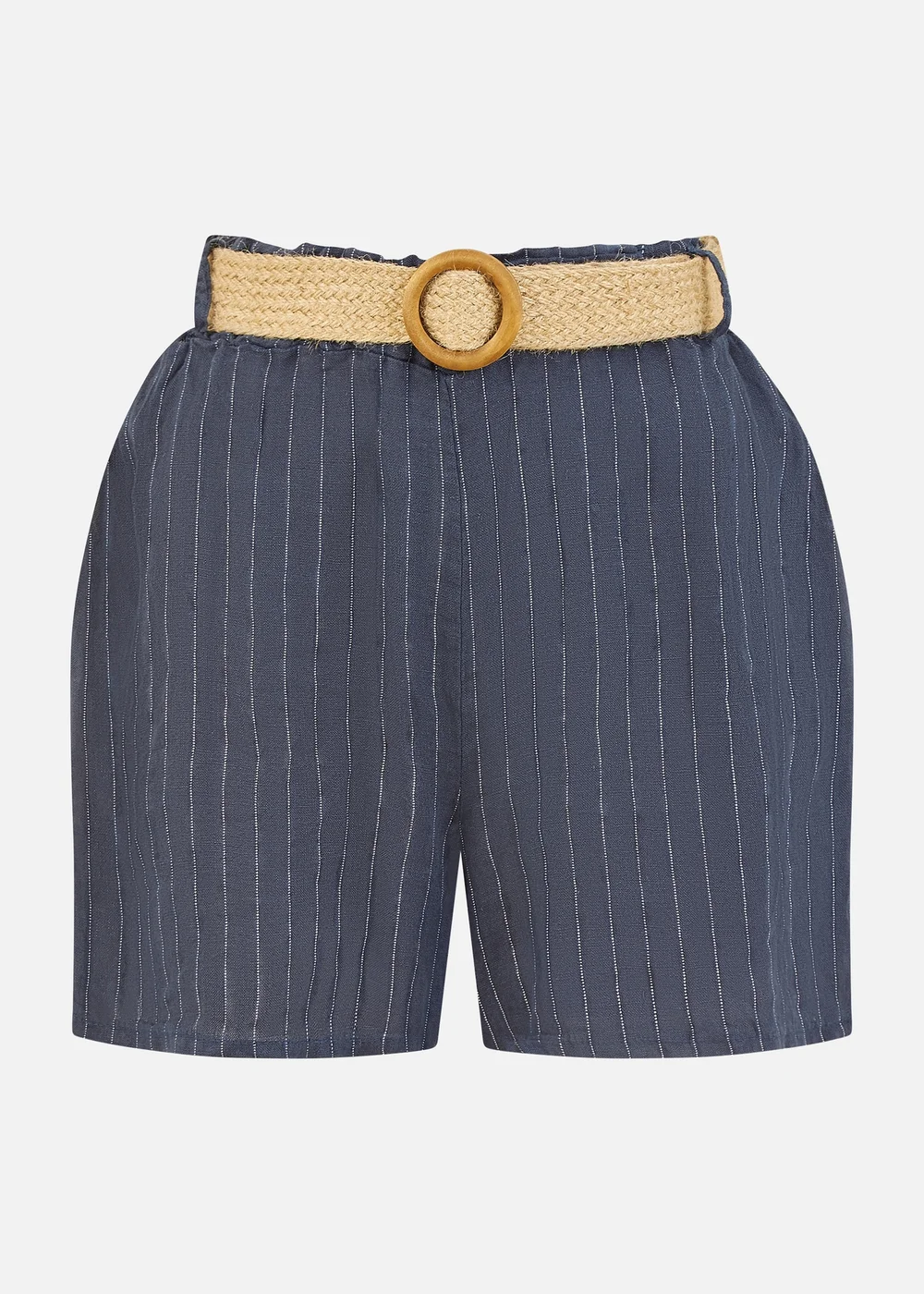 Yumi Navy Striped Italian Linen Shorts With Belt - S Image 3
